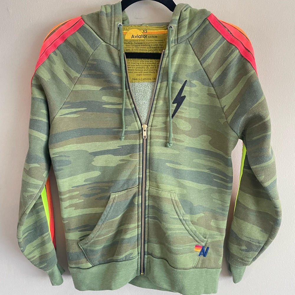 Aviator Nation Green Camo Hoodie with Neon Stripes